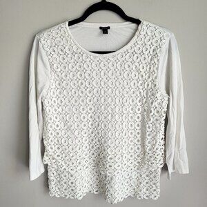 J. Crew Off White Cotton Layered Eyelet Lace Crochet Scoop Neck 3/4 Sleeves Top